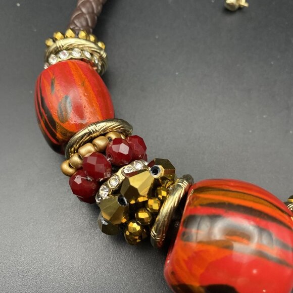 Chunky Choker Necklace Red Brown Copper Beads Glamour Braided Leather 17-20" - Picture 4 of 8